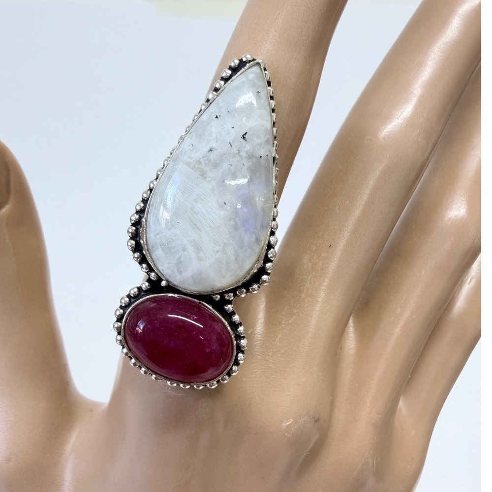 Hand Crafted Gemstone Ring Women Size 8.5 Silver plated Moonstone & spinet